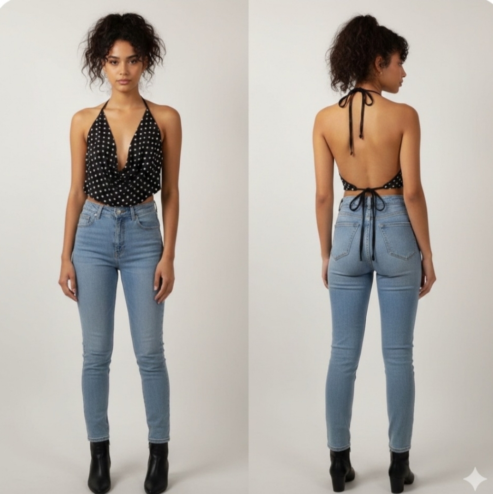 Black White Polka Dot Stretch Halter Cowl Neck Double Tie Top